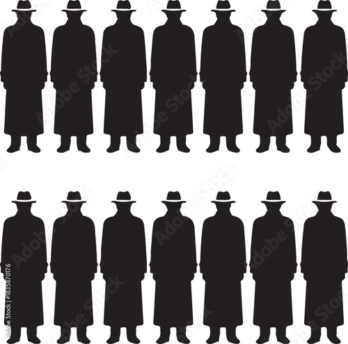 Silhouettes of men in hats and coats arranged in a grid pattern