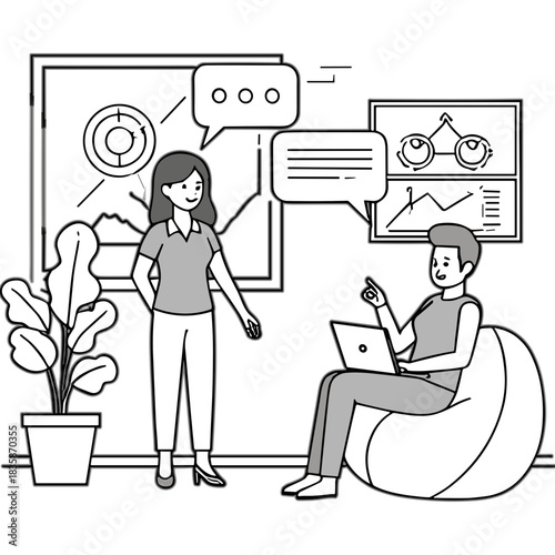 Two Business People Collaborating In An Office Meeting Room With Charts And Graphs Displayed On A Board And A Laptop On A Beanbag Chair