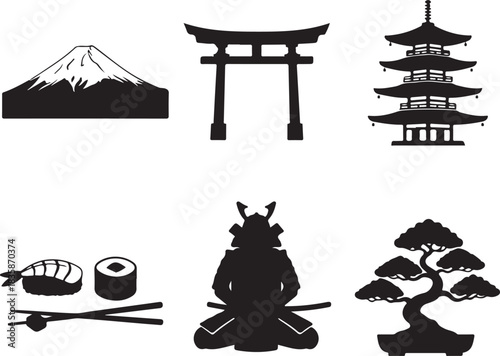 Illustrative japanese icons mount fuji torii gate pagoda sushi and samurai