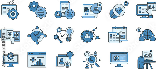 Business management icons, teamwork, data analytics, human resources, innovation, productivity, process optimization, technology interface, CAD drawing flat vector illustration