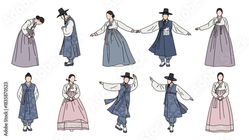 Stunning collection of Korean hanbok fashion in various poses, perfect for cultural events, historical reenactments, and vibrant traditional celebrations
