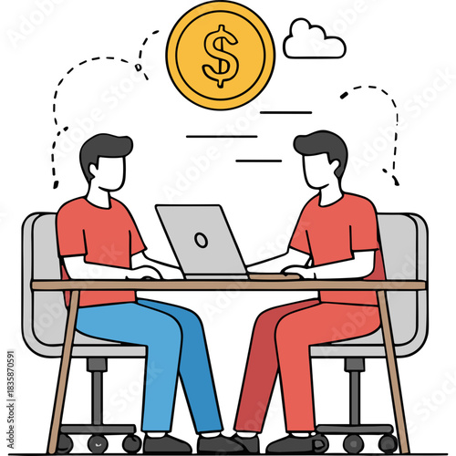 Two businessmen in red shirts and blue pants discussing financial growth at a modern office table with a laptop and a golden dollar coin overhead symbolizing investment and wealth