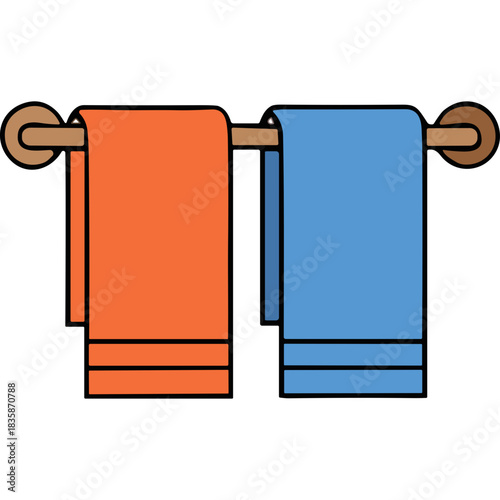 Two Colorful Towels Hanging on a Wooden Rack in a Simple Flat Design Illustration