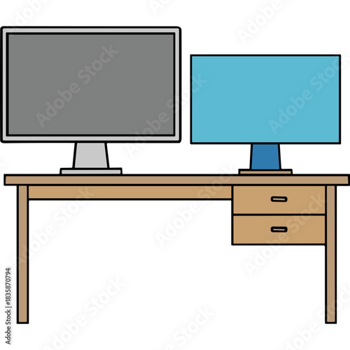 Two Computer Monitors and a Desk Lamp on a Wooden Desk with Drawers Clean Minimalist Office Setup with One Gray Monitor and One Blue Lamp Against a Black Background