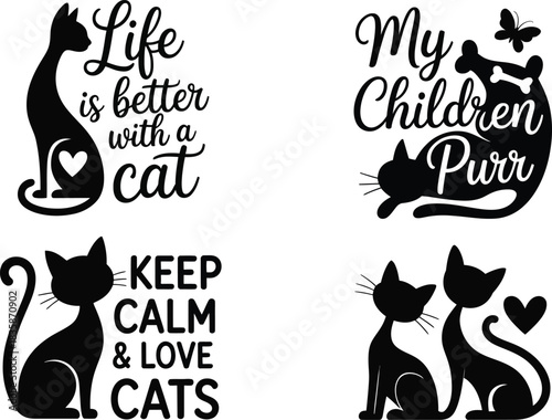 Cute cat silhouette designs for t-shirts and stickers with pet quotes