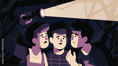 Illustration Of Three Friends Huddled Closely Under A Flashlight, Casting Dramatic Shadows On Their Faces, Telling A Spooky Story In The Dark Vector Design Template