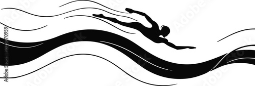 Modern minimal drawing of a swimmer gliding through water, using layered arcs to show movement without detailing the figure