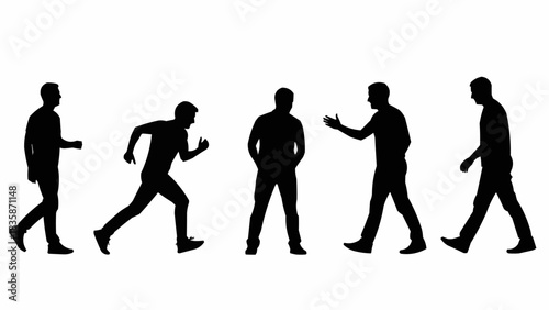 Silhouettes of men in various poses walking running standing gesturing.