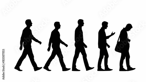 Silhouettes of men walking in a line representing progression.