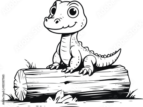 One-line sketch of a baby crocodile perched on a log, using minimal curves and gentle character expression