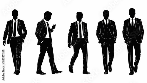 Silhouettes of businessmen in suits walking and standing.