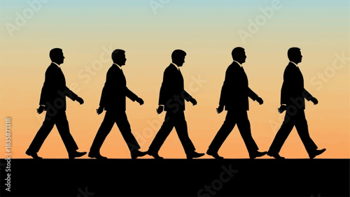 Silhouetted Figures Walking in Formation Against a Gradient Sky.