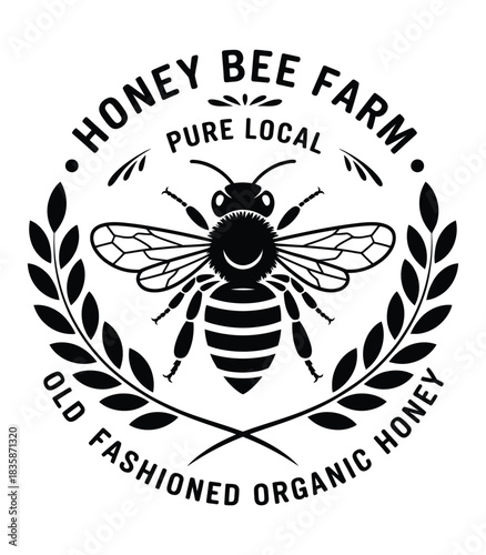 Vintage honey bee farm logo with pure local organic honey design