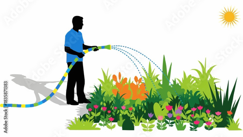 Man waters garden with hose, tending to vibrant flowers and plants under the sun.