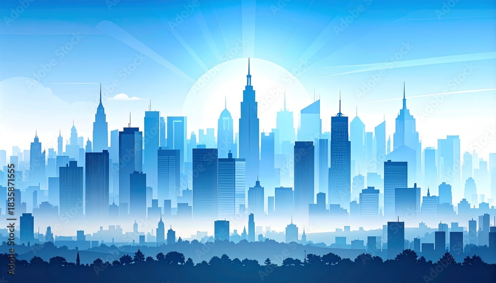 Obraz premium Modern City Skyline Silhouette at Sunrise or Sunset with Blue Sky