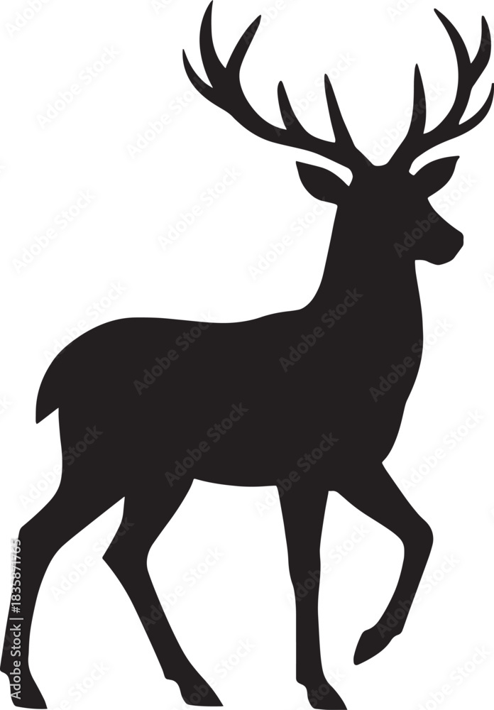 Fototapeta premium Deer Silhouette Vector – Standing Antlered Deer, Clean Flat Minimal Design with Crisp Edges on White Background