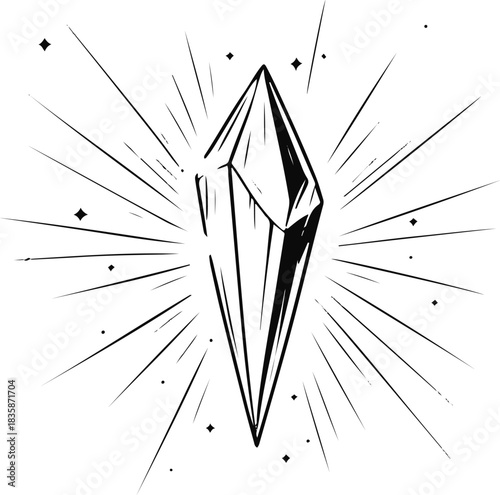 Single-line illustration of a floating crystal shard breaking light into abstract geometric rays, minimal and airy 2