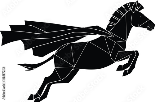 Geometric Pegasus horse leaping in flight, polygonal winged silhouette illustration, abstract fantasy creature design, modern line art, mythological motion concept