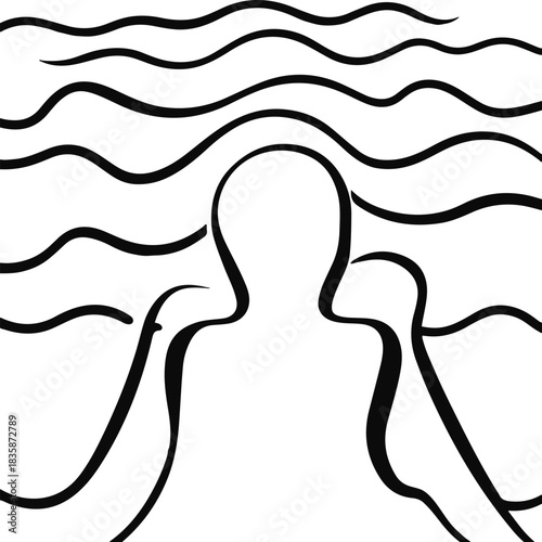 Stylized swimmer seen from above, defined by two parallel strokes and rhythmic wave patterns for a serene composition 2