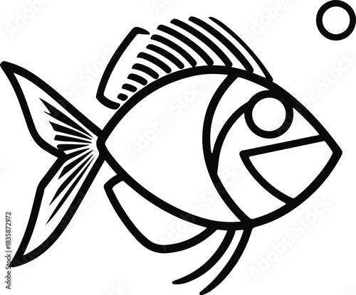 Abstract sarc fish silhouette formed from geometric arcs and clean lines, with a floating circular eye element for modern simplicity 3