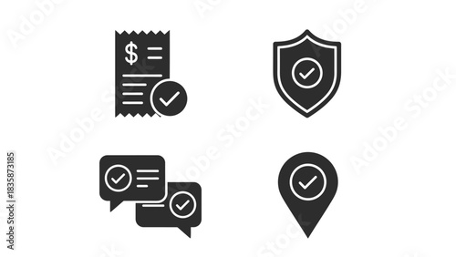 Vector illustration of Set of black glyph icons with checkmarks vector design elements for business and finance isolated on a white background