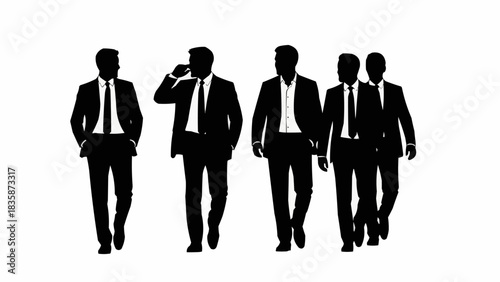 Group of business professionals walking together in suits.