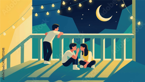 Illustration Of Two Friends (One Leaning On The Railing, One Sitting On The Floor) Sharing A Deep Vector Design Template