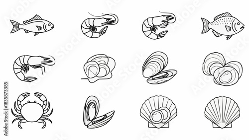 Collection of Seafood Icons Featuring Fish Shrimp Crab and Shellfish.