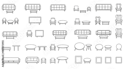 Vector Top View Living Room Furniture Set Featuring Sofas, Rugs, Chairs and TV Units for Architectural Plans