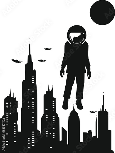 Futuristic astronaut silhouette, floating space explorer, sci‑fi city skyline, flying spacecraft illustration, cosmic planet background, urban fantasy artwork, visionary science fiction concept