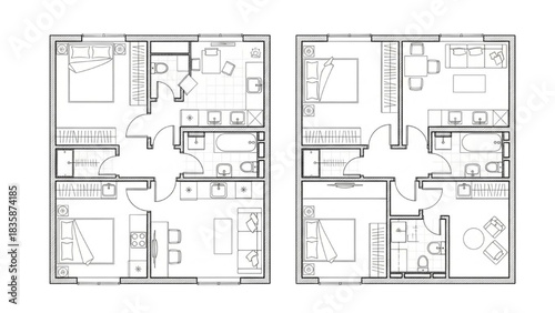 Vector Architectural Blueprint Set of Small Apartment Floor Plans with Furniture Layouts