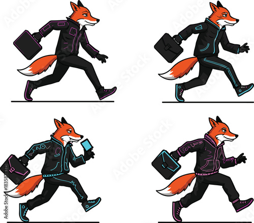 Futuristic cartoon fox characters in neon outfits, anthropomorphic animals with briefcase and gadgets, stylish fantasy illustration, playful vector design, creative stock artwork