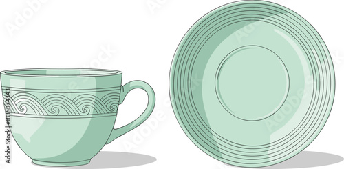 Mint green teacup and saucer vector illustration with decorative wave pattern, ceramic tableware, drinkware, kitchen item, traditional coffee break, and elegant morning beverage set.