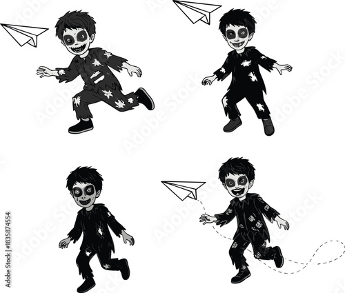 Four cartoon spooky children in patterned pajamas playing with paper airplanes, eerie Halloween character illustration, creepy fantasy artwork, unsettling horror design