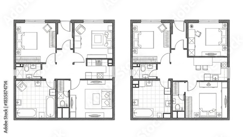 Vector Architectural Blueprint Set of Small Apartment Floor Plans with Furniture Layouts