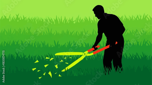 Man silhouette trimming grass with shears in a vibrant green field.