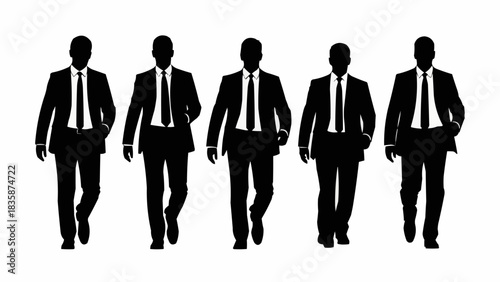 Silhouettes of five businessmen walking forward in a row.