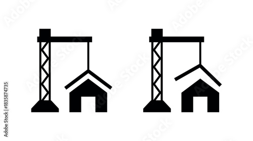 Construction Crane Lifting House Silhouette, Real Estate Development Icon on Transparent Background