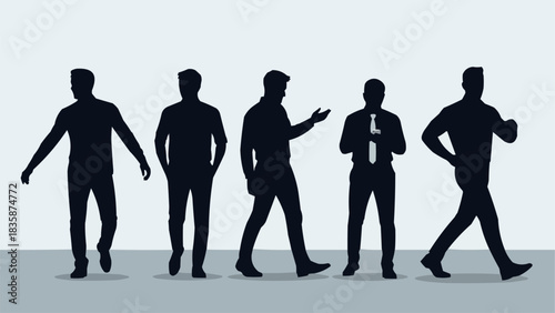 Collection of black silhouettes of men in various walking and standing poses.