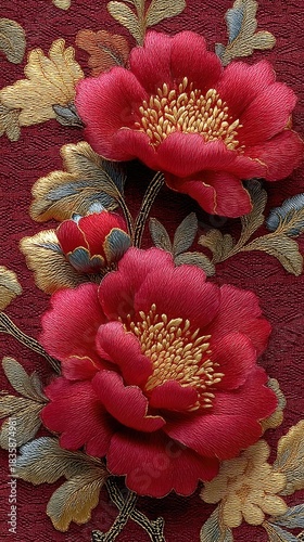 Embroidered Red Peonies on Burgundy Fabric