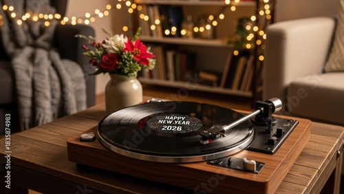 Cozy New Year's 2026 Celebration with Vinyl Record Playing 