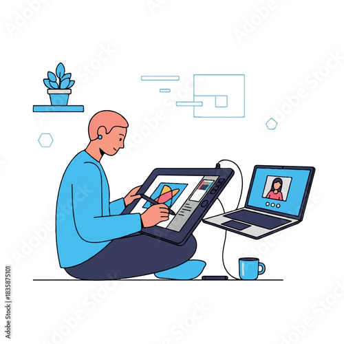 Illustrator working remotely on digital tablet