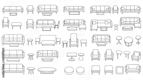 Vector Top View Living Room Furniture Set Featuring Sofas, Rugs, Chairs and TV Units for Architectural Plans