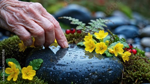 Elderly hands gently touch a wet stone adorned with yellow flowers and moss.