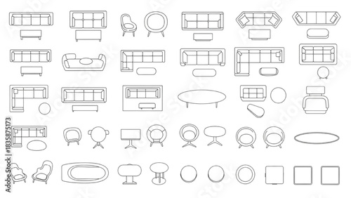 Vector Top View Living Room Furniture Set Featuring Sofas, Rugs, Chairs and TV Units for Architectural Plans