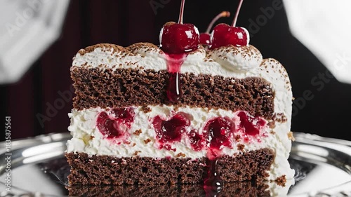 Delicious Black Forest Cake Slice on Silver Platter Close-Up.