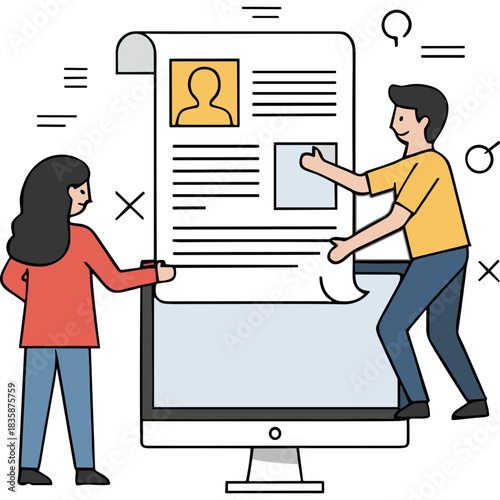 Two People Collaborating on a Digital Document Displayed on a Large Computer Screen Showcasing a Resume or Profile with Text and Image Sections on a Dark Background with Subtle Geometric Elements