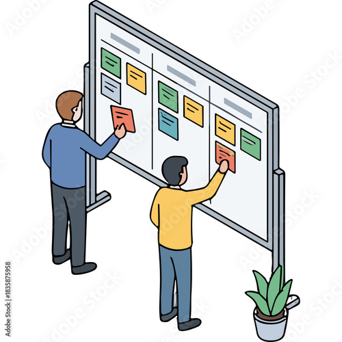 Two Men Collaborating On A Large White Kanban Board With Colorful Sticky Notes In A Modern Office Space With A Green Plant In The Corner