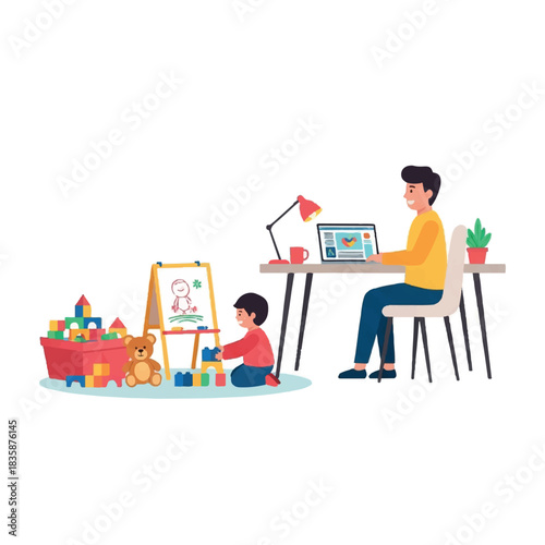 Father working from home with child playing nearby
