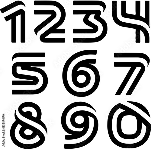 Set of modern, bold, double line style numbers from 0 to 9. Abstract striped numeric font design concept for technology, finance, branding, or sports.
